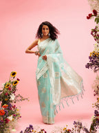 Turquoise Linen Woven Thread Floral Saree with Unstitched Blouse - Hiral Fashion | Grocsy