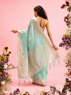 Turquoise Linen Woven Thread Floral Saree with Unstitched Blouse - Hiral Fashion | Grocsy