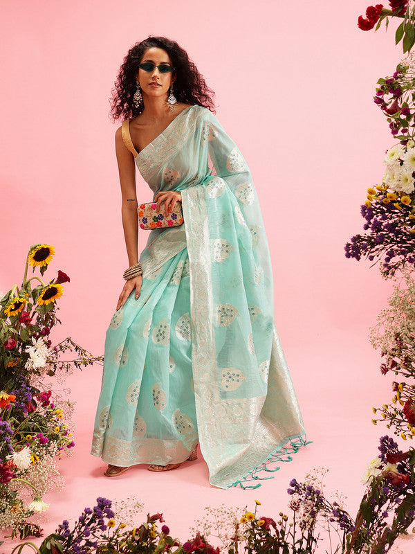 Turquoise Linen Woven Thread Floral Saree with Unstitched Blouse - Hiral Fashion | Grocsy