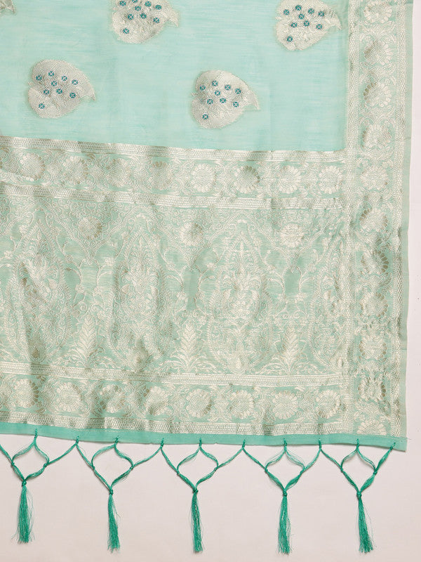 Turquoise Linen Woven Thread Floral Saree with Unstitched Blouse - Hiral Fashion | Grocsy