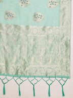 Turquoise Linen Woven Thread Floral Saree with Unstitched Blouse - Hiral Fashion | Grocsy