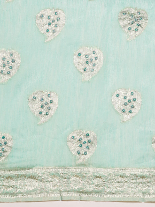 Turquoise Linen Woven Thread Floral Saree with Unstitched Blouse - Hiral Fashion | Grocsy