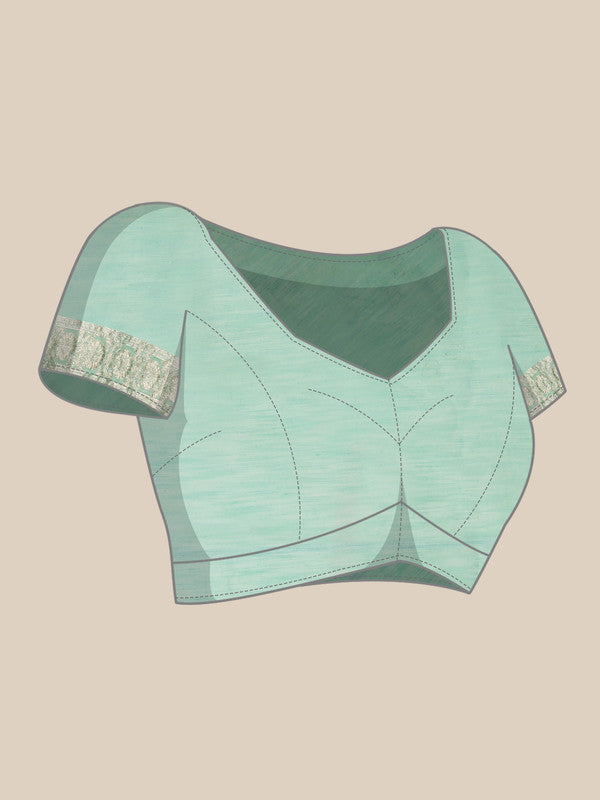 Turquoise Linen Woven Thread Floral Saree with Unstitched Blouse - Hiral Fashion | Grocsy