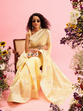 Yellow Linen Woven Thread Floral Saree with Unstitched Blouse - Hiral Fashion | Grocsy