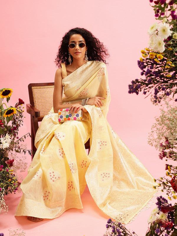 Yellow Linen Woven Thread Floral Saree with Unstitched Blouse - Hiral Fashion | Grocsy