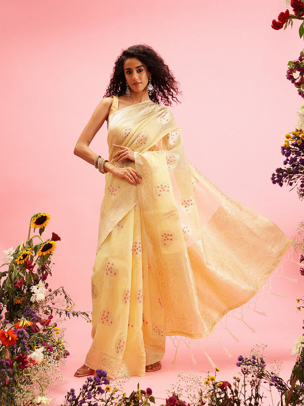 Yellow Linen Woven Thread Floral Saree with Unstitched Blouse - Hiral Fashion | Grocsy