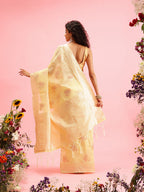 Yellow Linen Woven Thread Floral Saree with Unstitched Blouse - Hiral Fashion | Grocsy