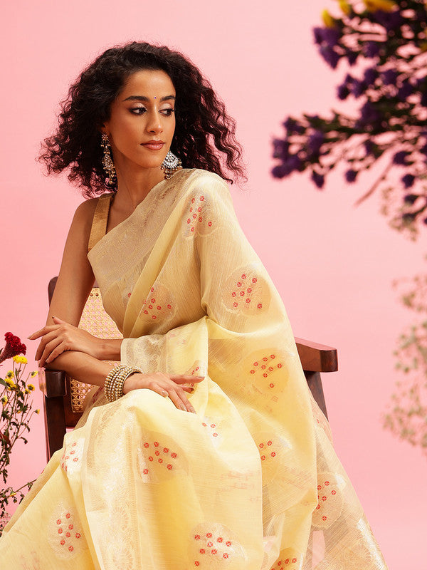Yellow Linen Woven Thread Floral Saree with Unstitched Blouse - Hiral Fashion | Grocsy