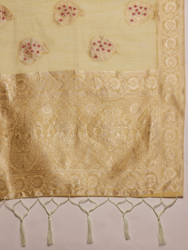 Yellow Linen Woven Thread Floral Saree with Unstitched Blouse - Hiral Fashion | Grocsy