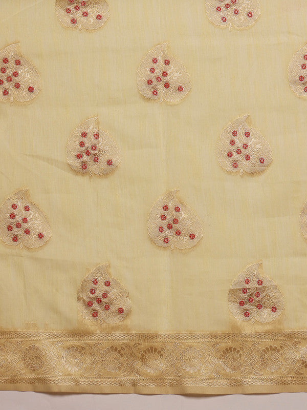 Yellow Linen Woven Thread Floral Saree with Unstitched Blouse - Hiral Fashion | Grocsy