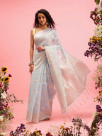 Blue Linen Woven Thread Floral Saree with Unstitched Blouse - Hiral Fashion | Grocsy