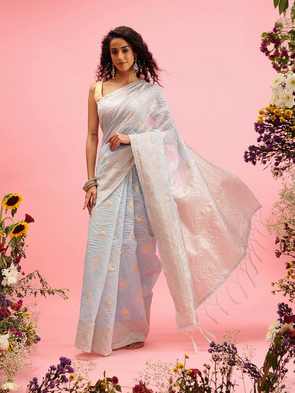 Blue Linen Woven Thread Floral Saree with Unstitched Blouse - Hiral Fashion | Grocsy