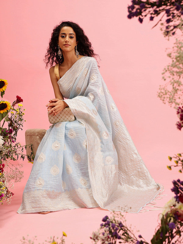 Blue Linen Woven Thread Floral Saree with Unstitched Blouse - Hiral Fashion | Grocsy
