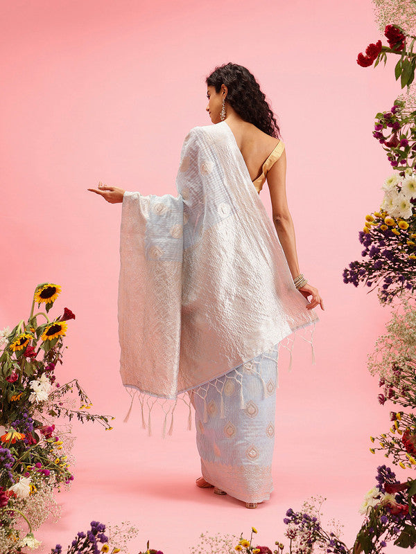 Blue Linen Woven Thread Floral Saree with Unstitched Blouse - Hiral Fashion | Grocsy
