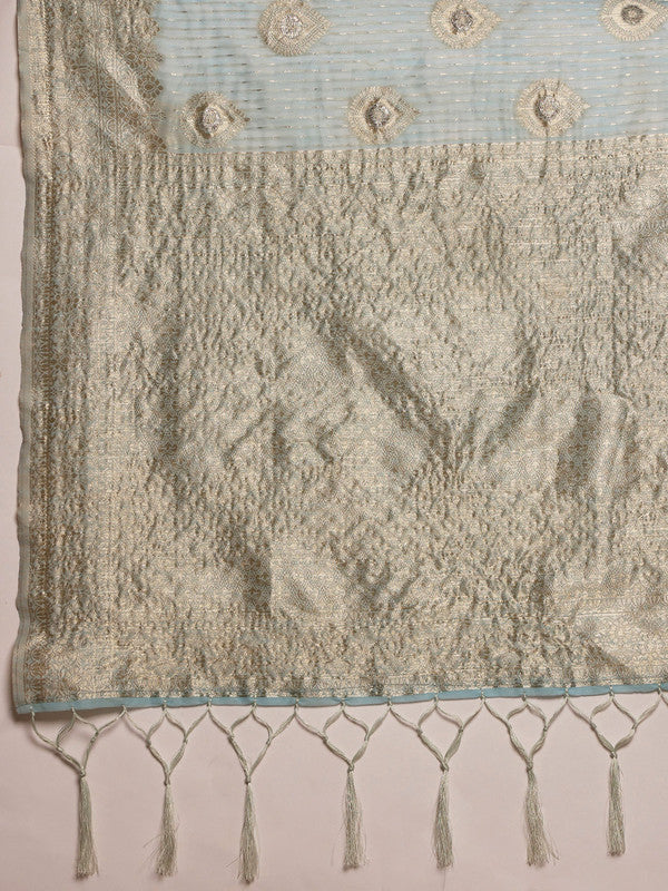Blue Linen Woven Thread Floral Saree with Unstitched Blouse - Hiral Fashion | Grocsy