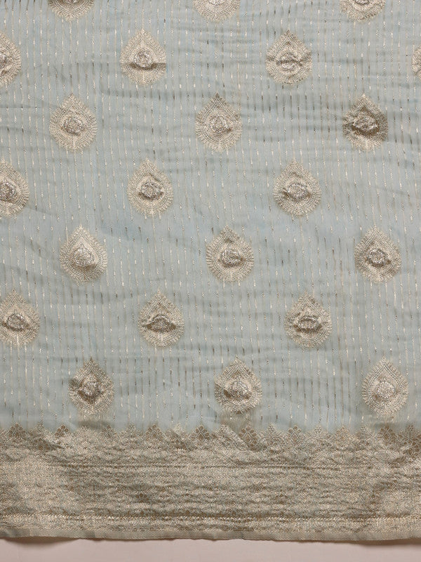 Blue Linen Woven Thread Floral Saree with Unstitched Blouse - Hiral Fashion | Grocsy