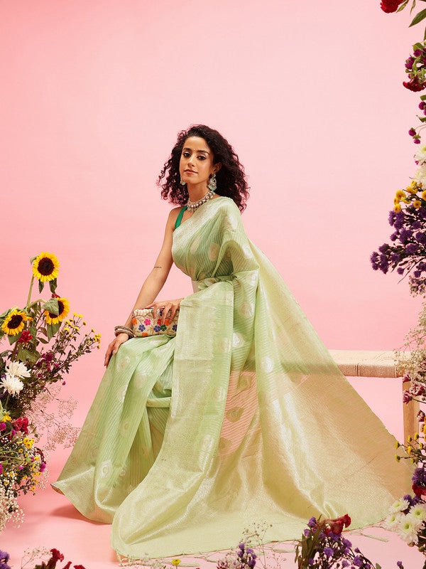 Green Linen Woven Thread Floral Saree with Unstitched Blouse - Hiral Fashion | Grocsy
