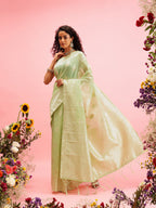 Green Linen Woven Thread Floral Saree with Unstitched Blouse - Hiral Fashion | Grocsy