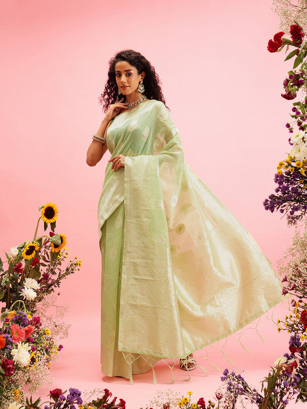 Green Linen Woven Thread Floral Saree with Unstitched Blouse - Hiral Fashion | Grocsy