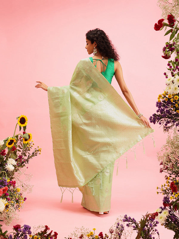 Green Linen Woven Thread Floral Saree with Unstitched Blouse - Hiral Fashion | Grocsy