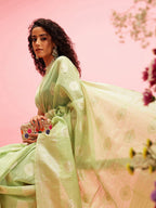 Green Linen Woven Thread Floral Saree with Unstitched Blouse - Hiral Fashion | Grocsy