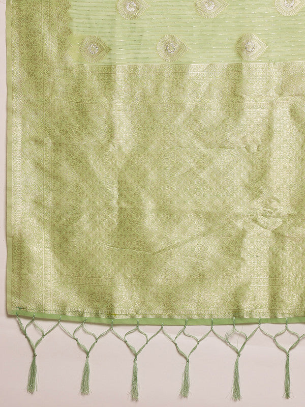 Green Linen Woven Thread Floral Saree with Unstitched Blouse - Hiral Fashion | Grocsy