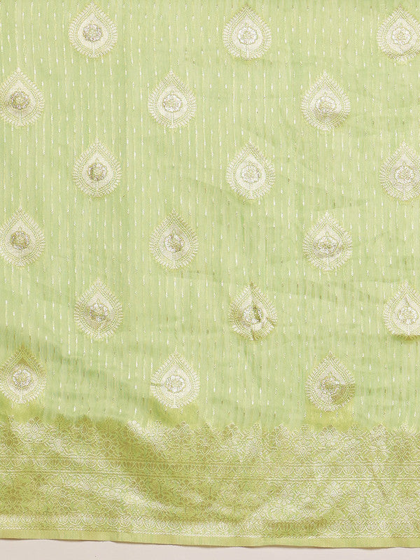 Green Linen Woven Thread Floral Saree with Unstitched Blouse - Hiral Fashion | Grocsy