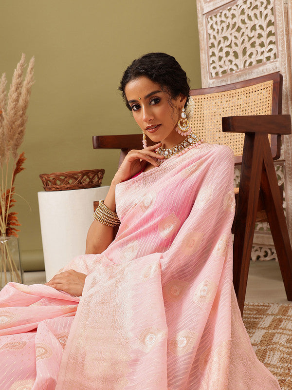 Light Pink Linen Woven Thread Floral Saree with Unstitched Blouse - Hiral Fashion | Grocsy