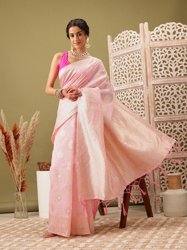 Light Pink Linen Woven Thread Floral Saree with Unstitched Blouse - Hiral Fashion | Grocsy