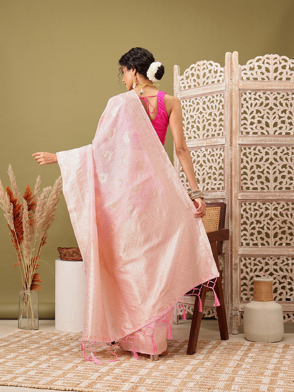 Light Pink Linen Woven Thread Floral Saree with Unstitched Blouse - Hiral Fashion | Grocsy