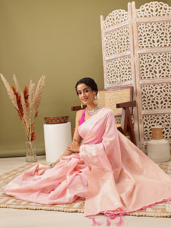 Light Pink Linen Woven Thread Floral Saree with Unstitched Blouse - Hiral Fashion | Grocsy
