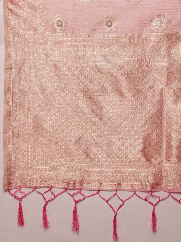 Light Pink Linen Woven Thread Floral Saree with Unstitched Blouse - Hiral Fashion | Grocsy