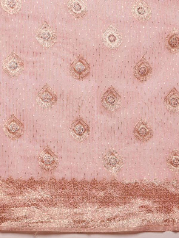 Light Pink Linen Woven Thread Floral Saree with Unstitched Blouse - Hiral Fashion | Grocsy
