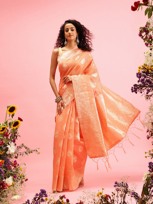 Peach Linen Woven Thread Floral Saree with Unstitched Blouse - Hiral Fashion | Grocsy