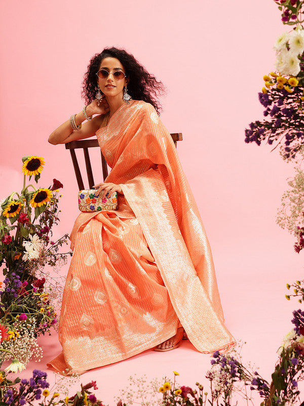 Peach Linen Woven Thread Floral Saree with Unstitched Blouse - Hiral Fashion | Grocsy