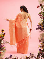 Peach Linen Woven Thread Floral Saree with Unstitched Blouse - Hiral Fashion | Grocsy
