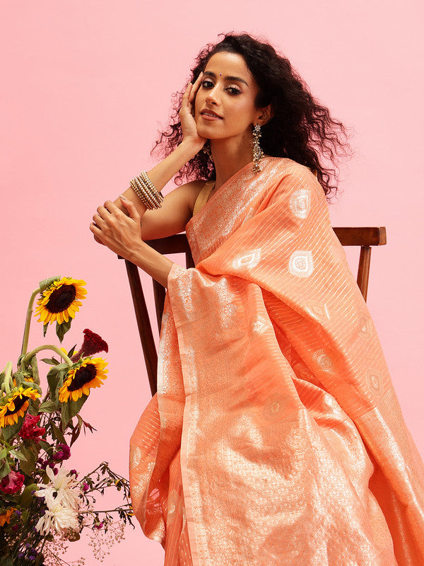 Peach Linen Woven Thread Floral Saree with Unstitched Blouse - Hiral Fashion | Grocsy