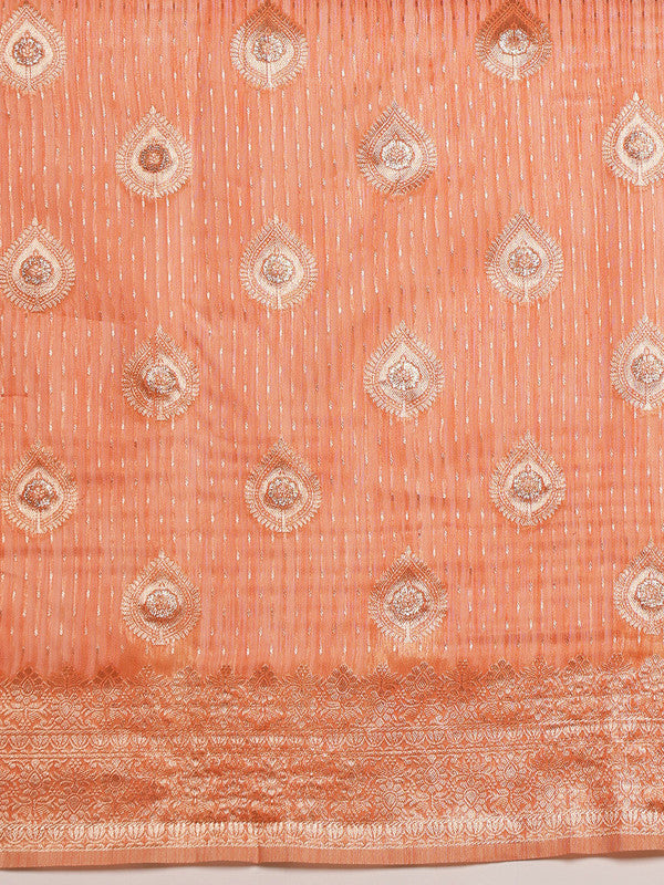 Peach Linen Woven Thread Floral Saree with Unstitched Blouse - Hiral Fashion | Grocsy