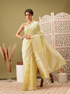 Yellow Linen Woven Thread Floral Saree with Unstitched Blouse - Hiral Fashion | Grocsy