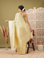 Yellow Linen Woven Thread Floral Saree with Unstitched Blouse - Hiral Fashion | Grocsy
