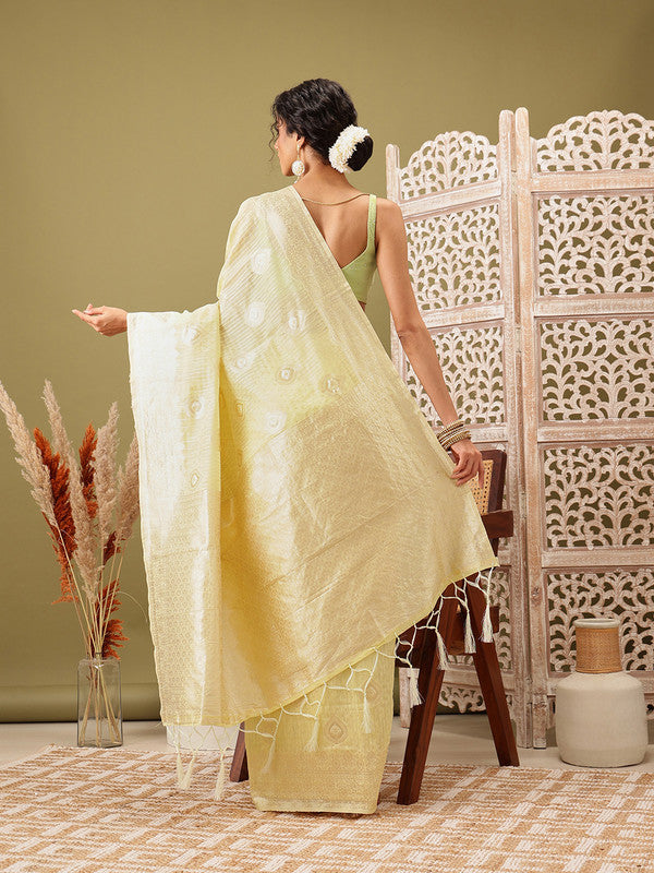 Yellow Linen Woven Thread Floral Saree with Unstitched Blouse - Hiral Fashion | Grocsy