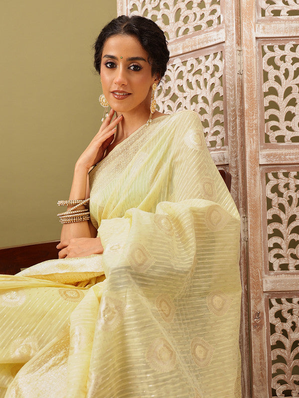 Yellow Linen Woven Thread Floral Saree with Unstitched Blouse - Hiral Fashion | Grocsy
