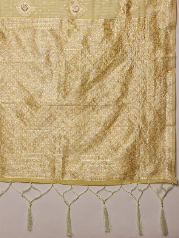 Yellow Linen Woven Thread Floral Saree with Unstitched Blouse - Hiral Fashion | Grocsy