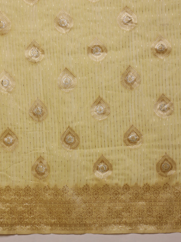 Yellow Linen Woven Thread Floral Saree with Unstitched Blouse - Hiral Fashion | Grocsy