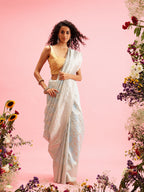 Blue Linen Woven Thread Geomatric Saree with Unstitched Blouse - Hiral Fashion | Grocsy