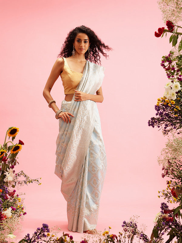Blue Linen Woven Thread Geomatric Saree with Unstitched Blouse - Hiral Fashion | Grocsy
