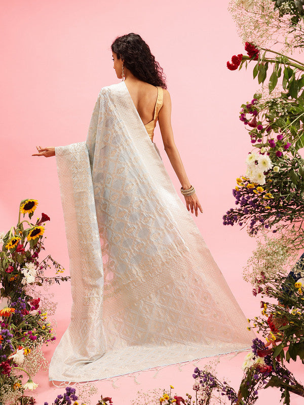 Blue Linen Woven Thread Geomatric Saree with Unstitched Blouse - Hiral Fashion | Grocsy