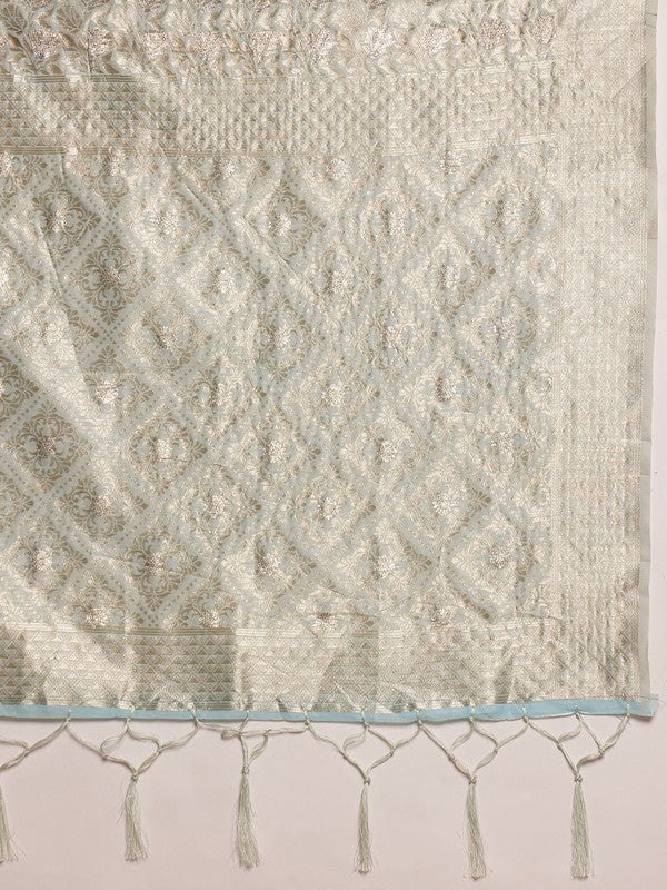Blue Linen Woven Thread Geomatric Saree with Unstitched Blouse - Hiral Fashion | Grocsy