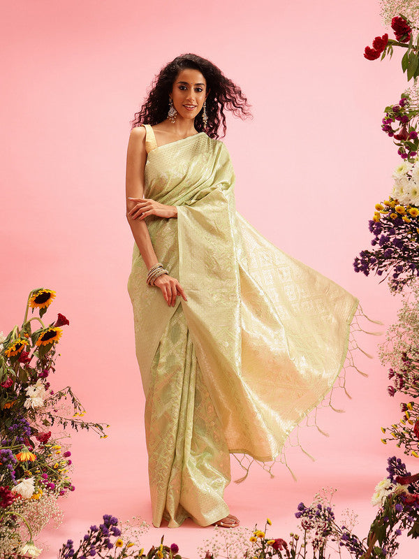 Green Linen Woven Thread Geomatric Saree with Unstitched Blouse - Hiral Fashion | Grocsy