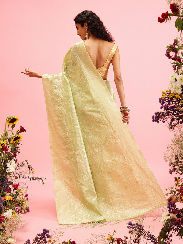 Green Linen Woven Thread Geomatric Saree with Unstitched Blouse - Hiral Fashion | Grocsy